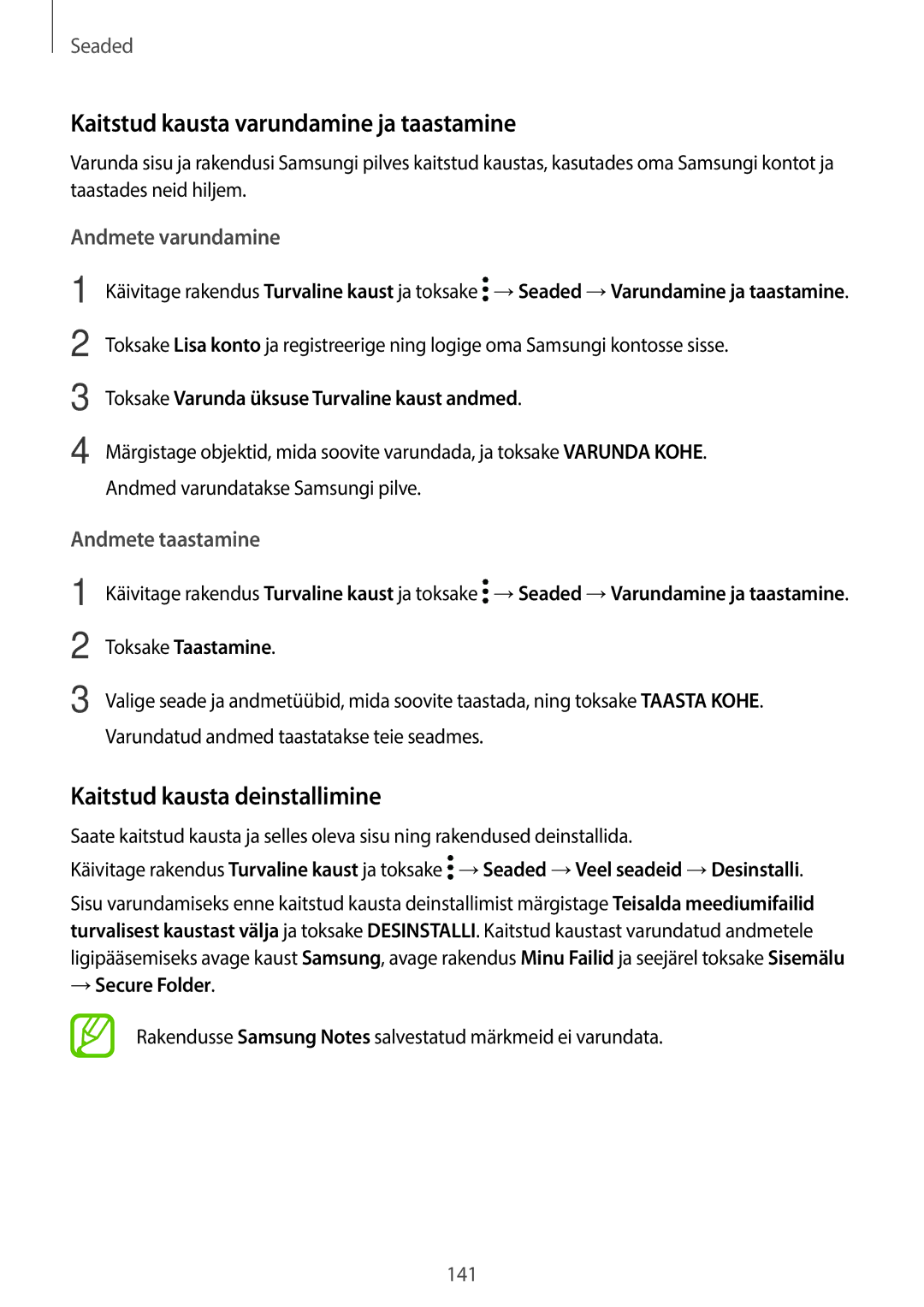 Samsung SM-T395NZKASEB Kaitstud kausta varundamine ja taastamine, Kaitstud kausta deinstallimine, Andmete varundamine 