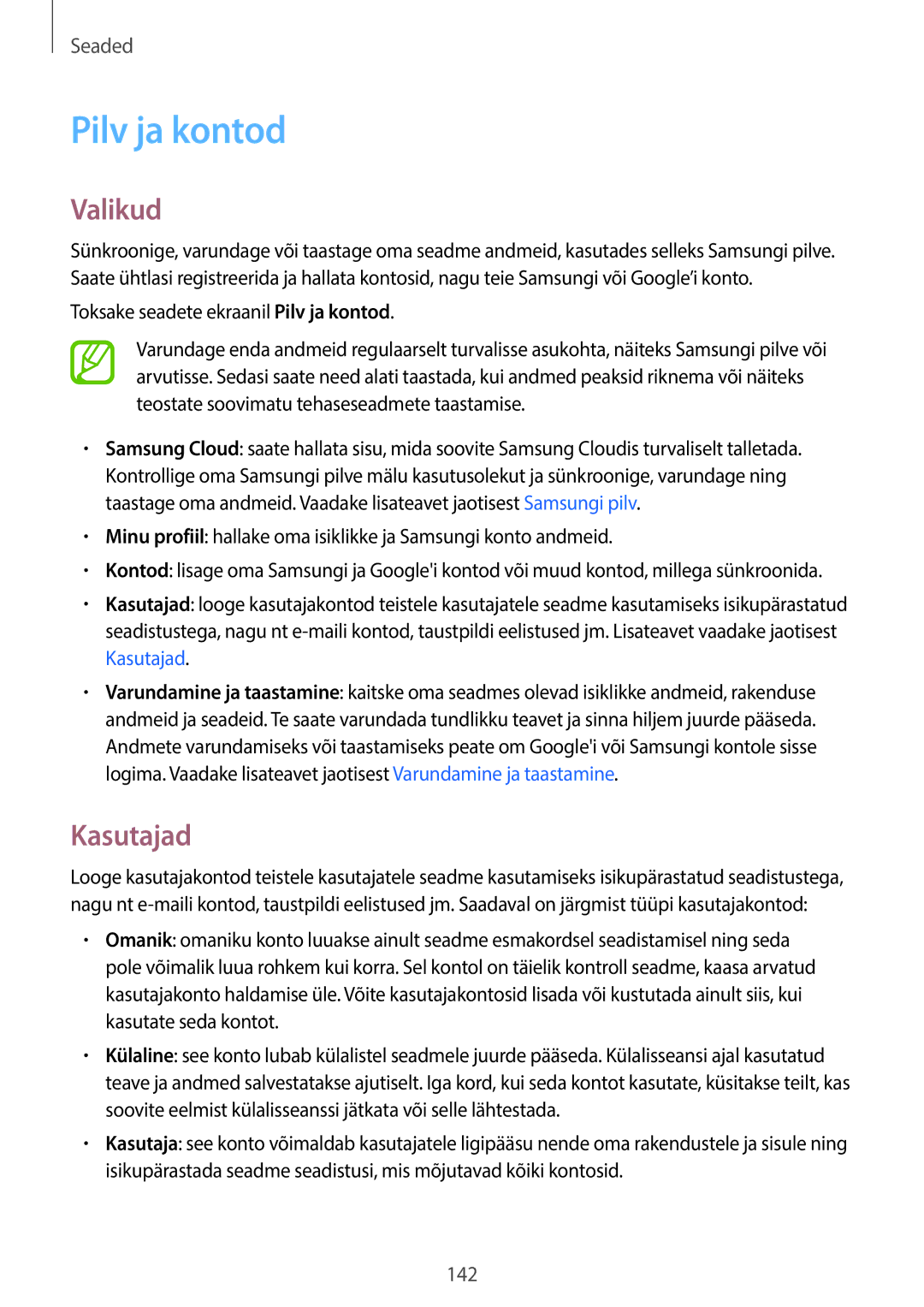 Samsung SM-T395NZKASEB manual Kasutajad, Toksake seadete ekraanil Pilv ja kontod 