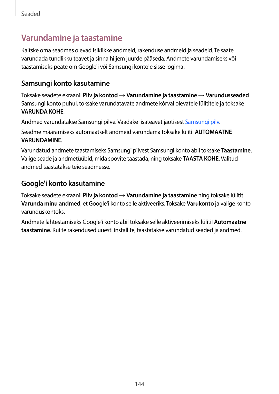 Samsung SM-T395NZKASEB manual Varundamine ja taastamine, Samsungi konto kasutamine, Googlei konto kasutamine 