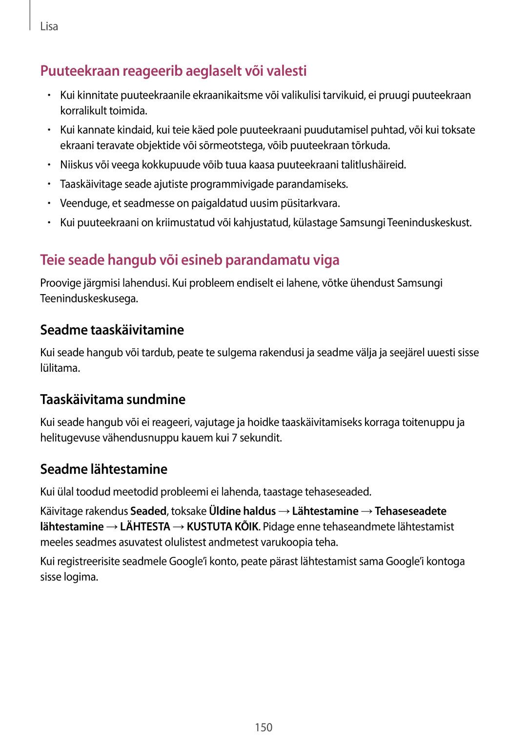 Samsung SM-T395NZKASEB manual Seadme taaskäivitamine, Taaskäivitama sundmine, Seadme lähtestamine 