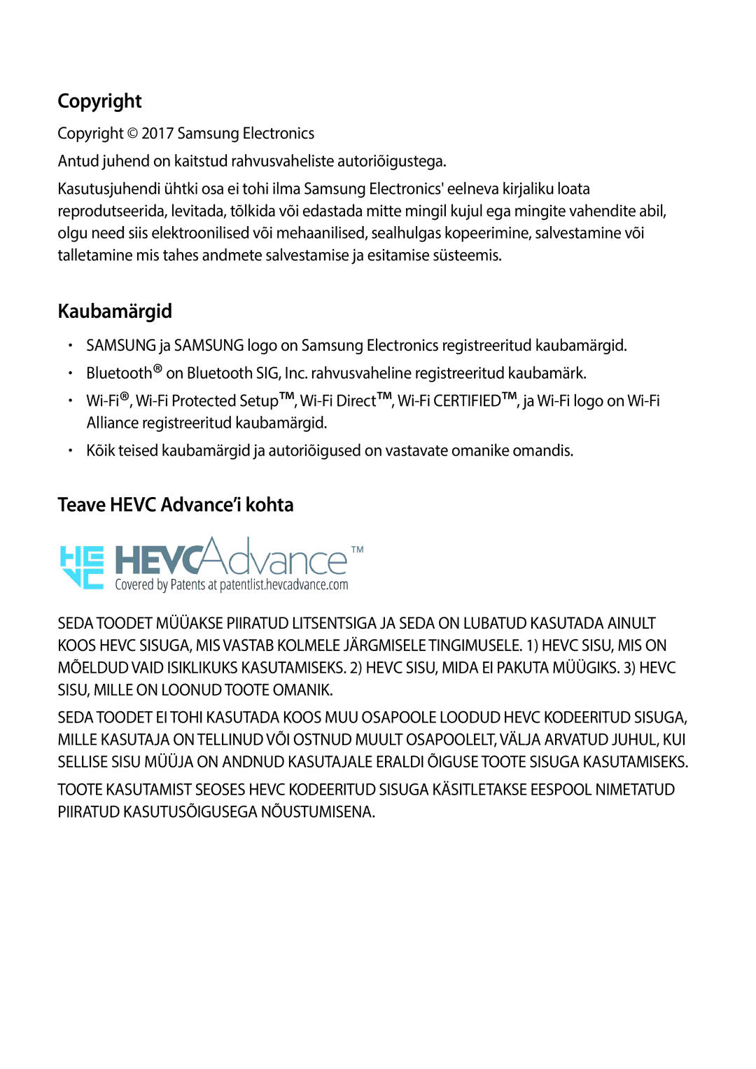 Samsung SM-T395NZKASEB manual Copyright, Kaubamärgid, Teave Hevc Advance’i kohta 