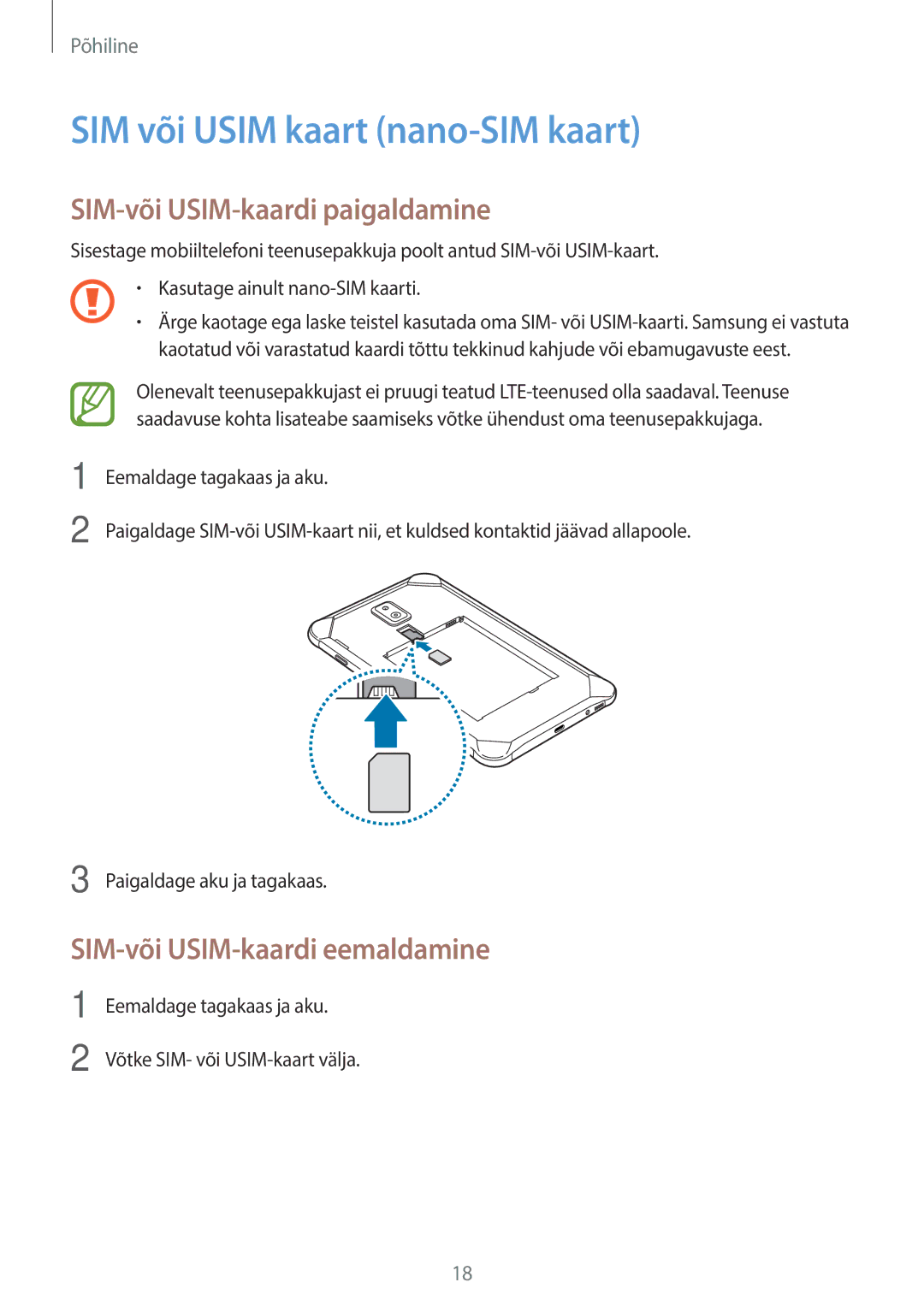 Samsung SM-T395NZKASEB manual SIM või Usim kaart nano-SIM kaart, SIM-või USIM-kaardi paigaldamine 