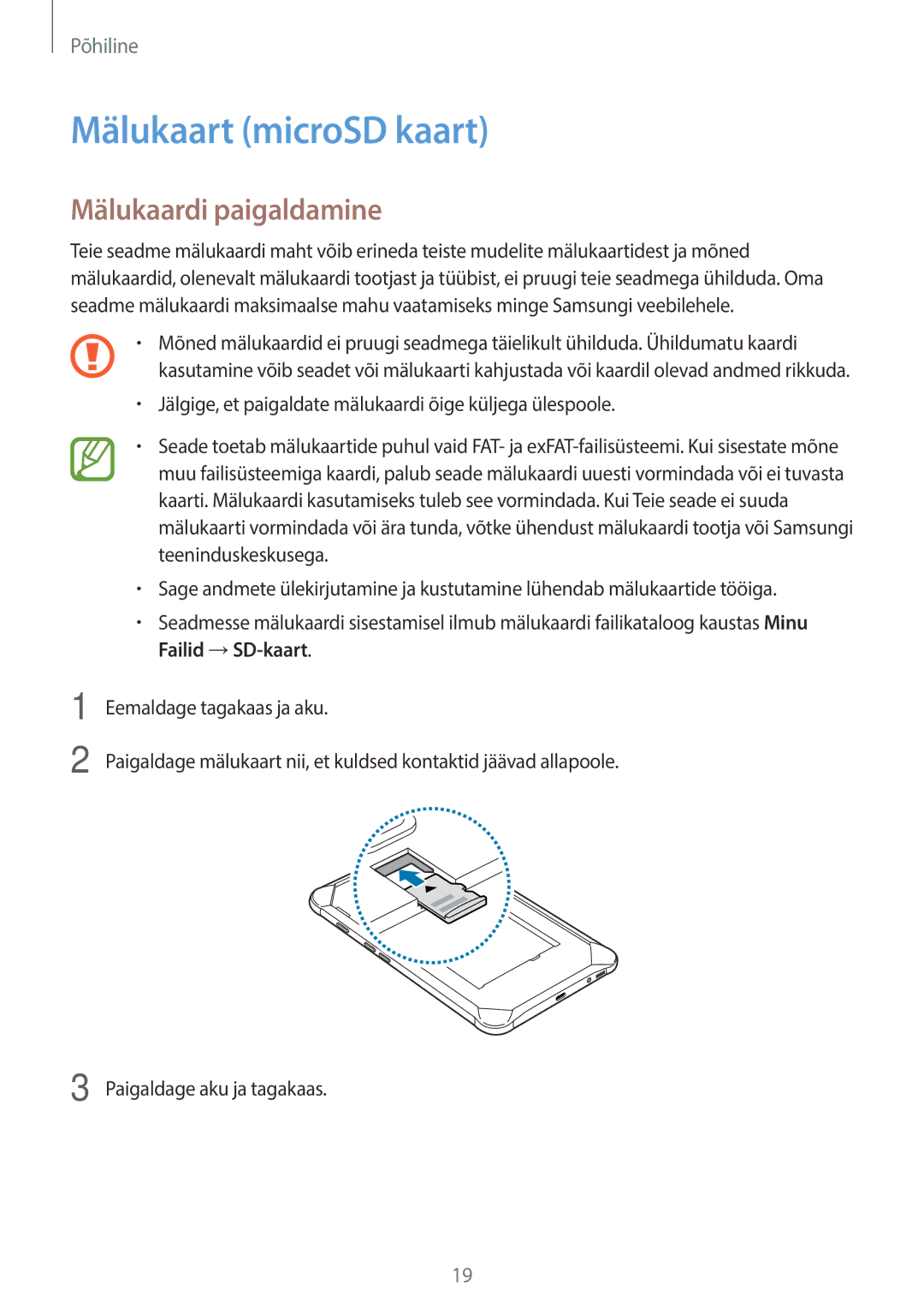 Samsung SM-T395NZKASEB manual Mälukaart microSD kaart, Mälukaardi paigaldamine 