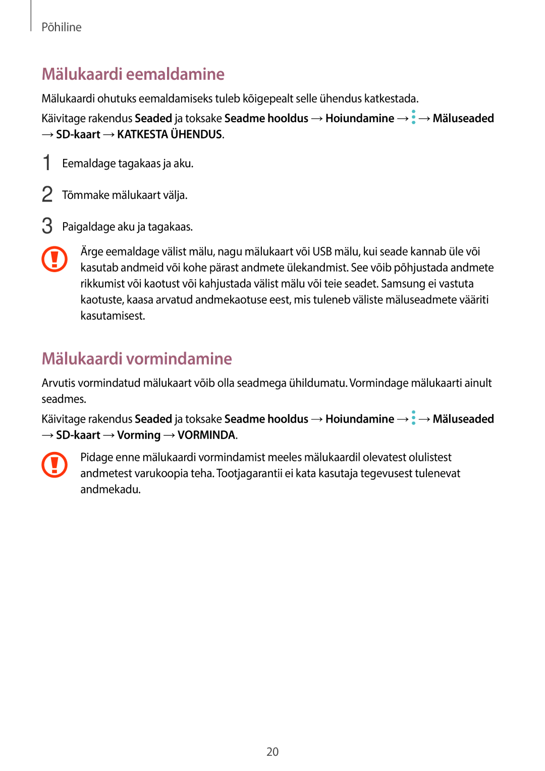 Samsung SM-T395NZKASEB manual Mälukaardi eemaldamine, Mälukaardi vormindamine, → SD-kaart →KATKESTA Ühendus 