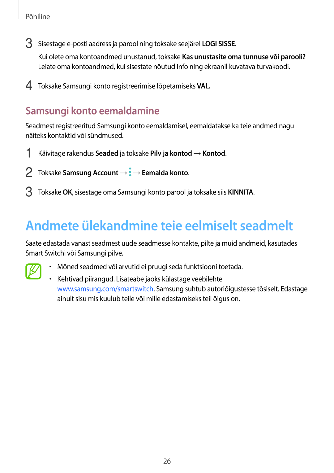 Samsung SM-T395NZKASEB manual Samsungi konto eemaldamine, Toksake Samsungi konto registreerimise lõpetamiseks VAL 