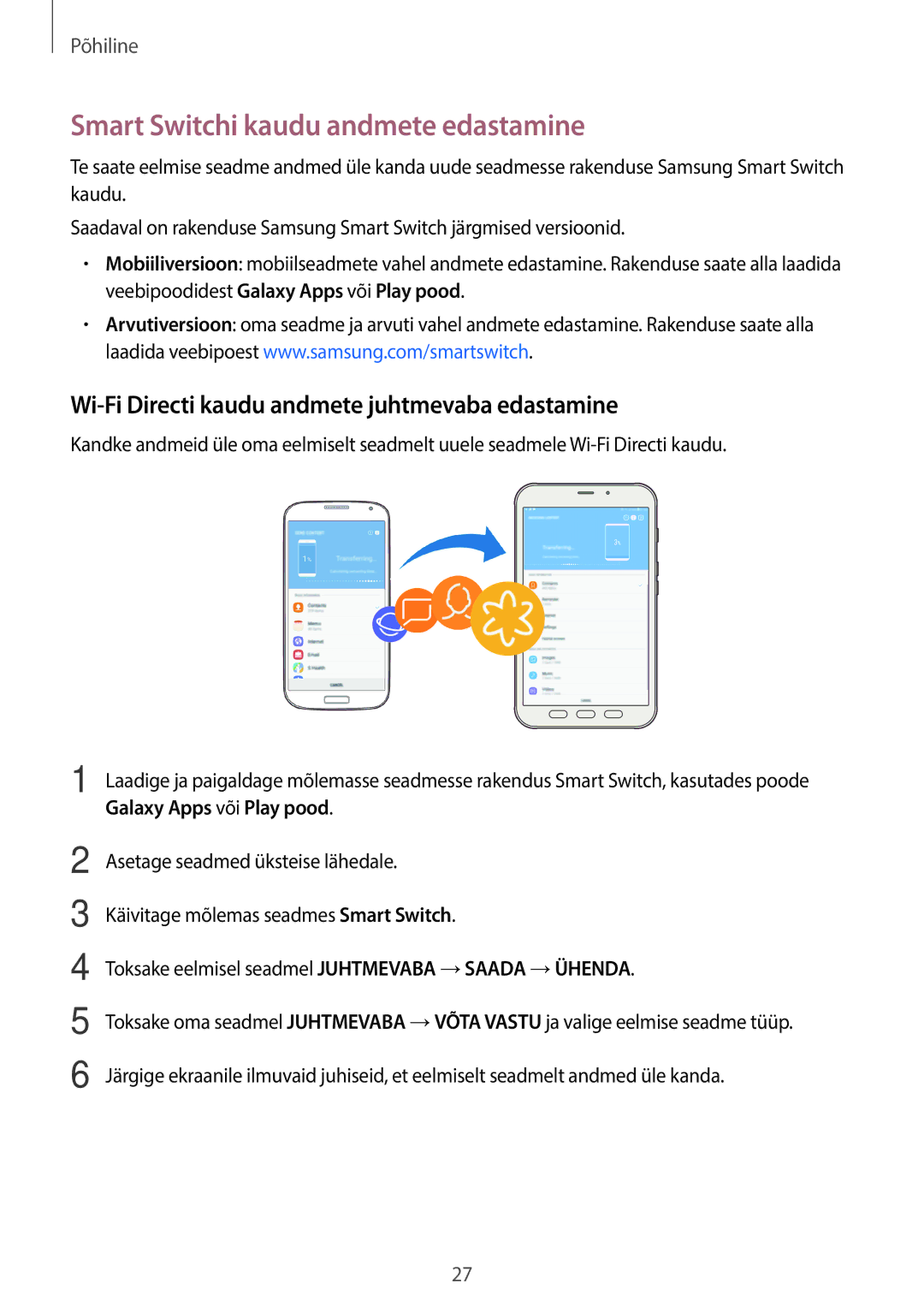 Samsung SM-T395NZKASEB manual Smart Switchi kaudu andmete edastamine, Wi-Fi Directi kaudu andmete juhtmevaba edastamine 