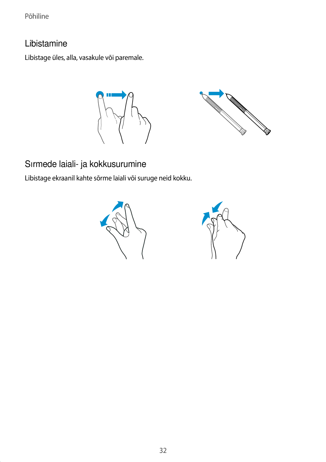 Samsung SM-T395NZKASEB manual Libistamine, Sõrmede laiali- ja kokkusurumine, Libistage üles, alla, vasakule või paremale 