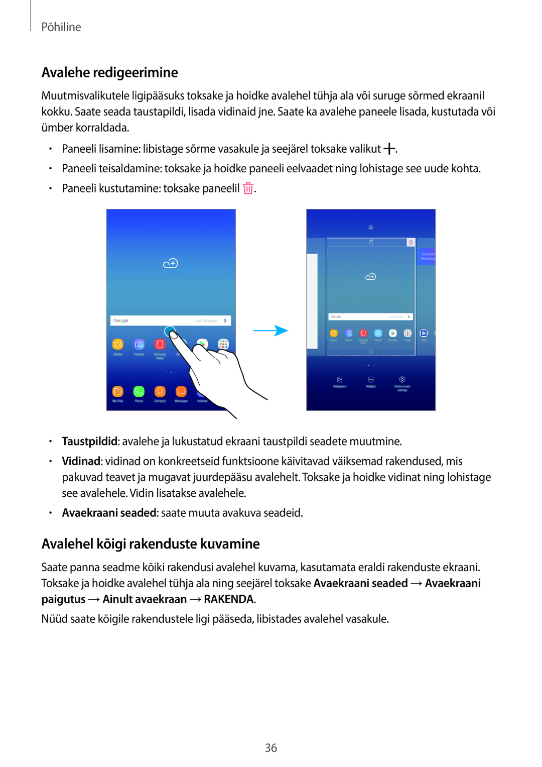 Samsung SM-T395NZKASEB manual Avalehe redigeerimine, Avalehel kõigi rakenduste kuvamine 