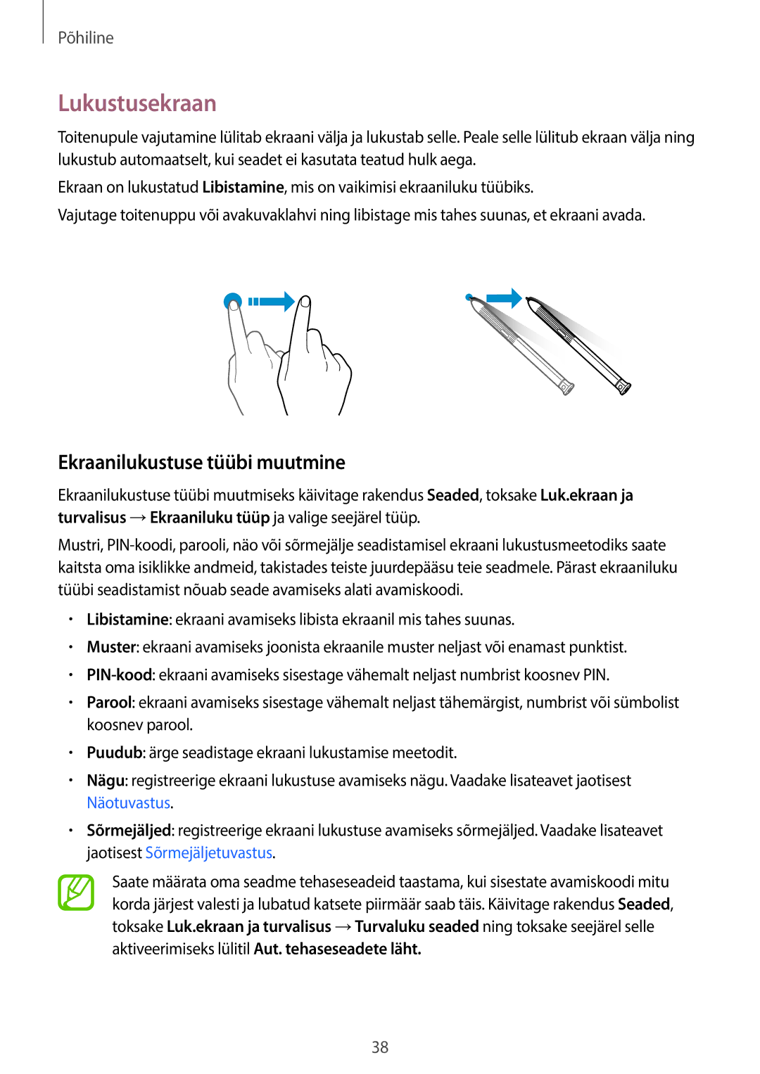 Samsung SM-T395NZKASEB manual Lukustusekraan, Ekraanilukustuse tüübi muutmine 