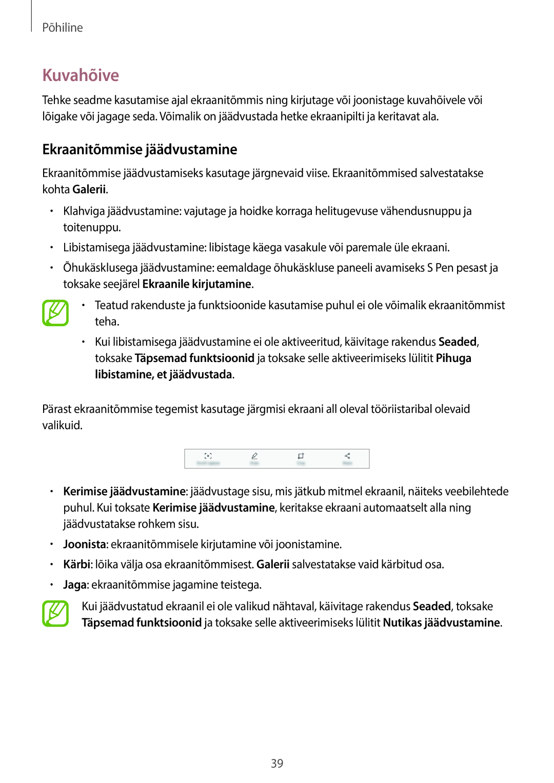 Samsung SM-T395NZKASEB manual Kuvahõive, Ekraanitõmmise jäädvustamine 