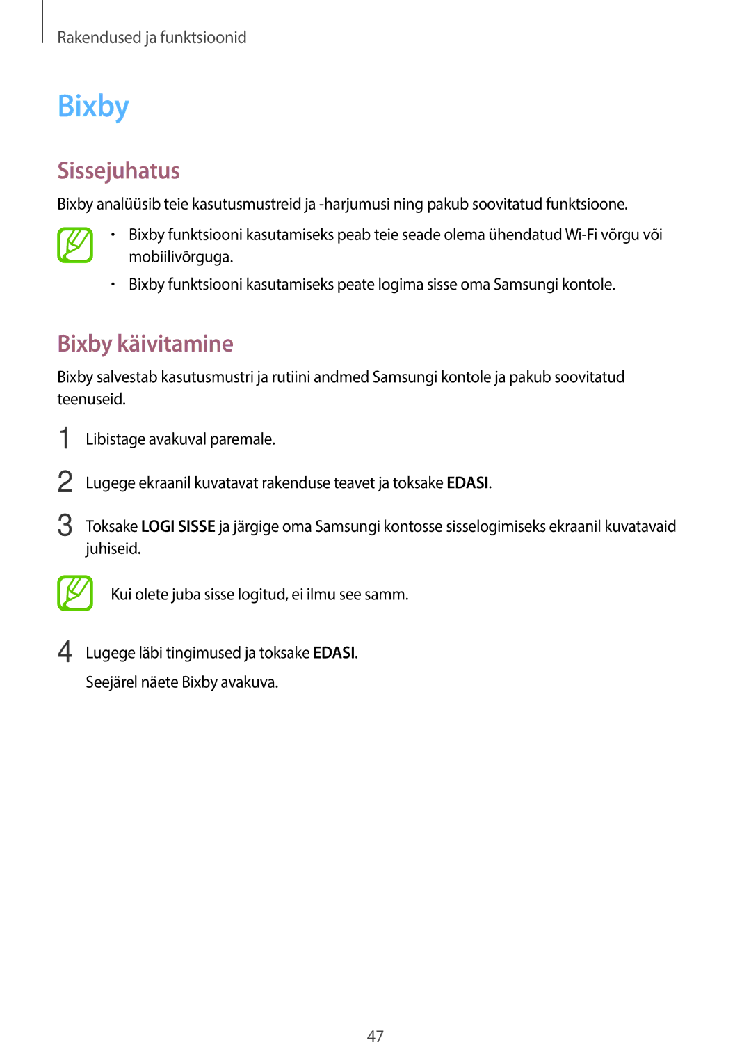 Samsung SM-T395NZKASEB manual Bixby käivitamine 