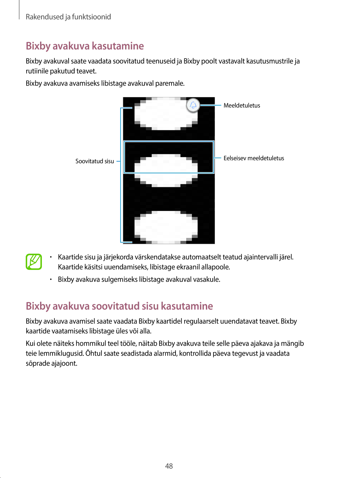 Samsung SM-T395NZKASEB manual Bixby avakuva kasutamine, Bixby avakuva soovitatud sisu kasutamine 