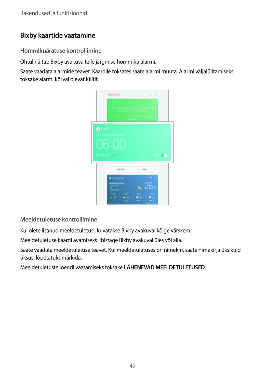 Samsung SM-T395NZKASEB manual Bixby kaartide vaatamine, Hommikuäratuse kontrollimine, Meeldetuletuse kontrollimine 