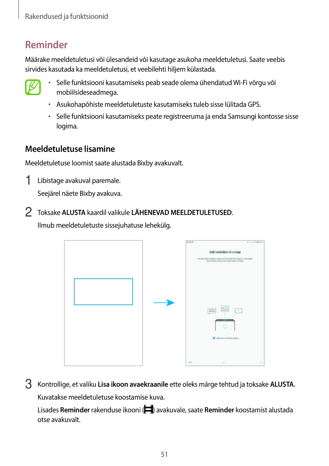 Samsung SM-T395NZKASEB manual Reminder, Meeldetuletuse lisamine, Ilmub meeldetuletuste sissejuhatuse lehekülg 