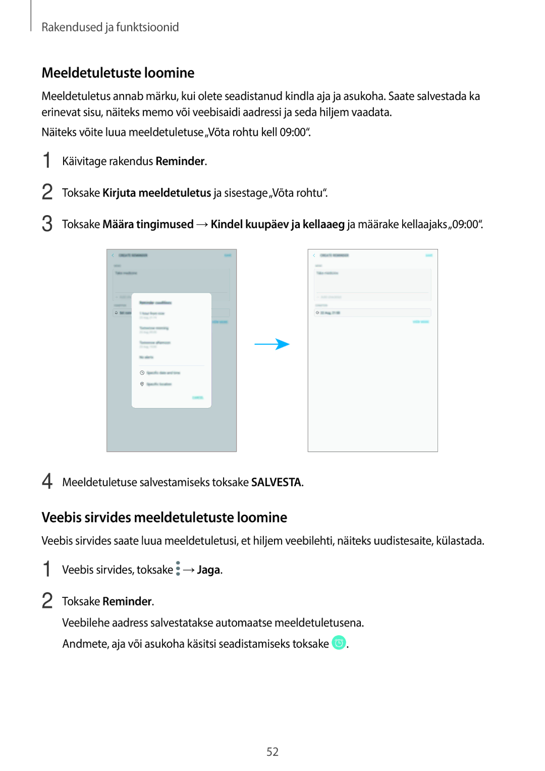 Samsung SM-T395NZKASEB manual Meeldetuletuste loomine, Veebis sirvides meeldetuletuste loomine 