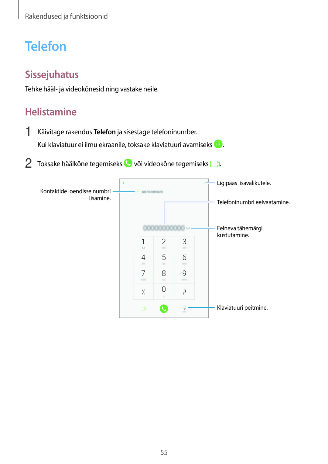 Samsung SM-T395NZKASEB manual Telefon, Helistamine, Tehke hääl- ja videokõnesid ning vastake neile 