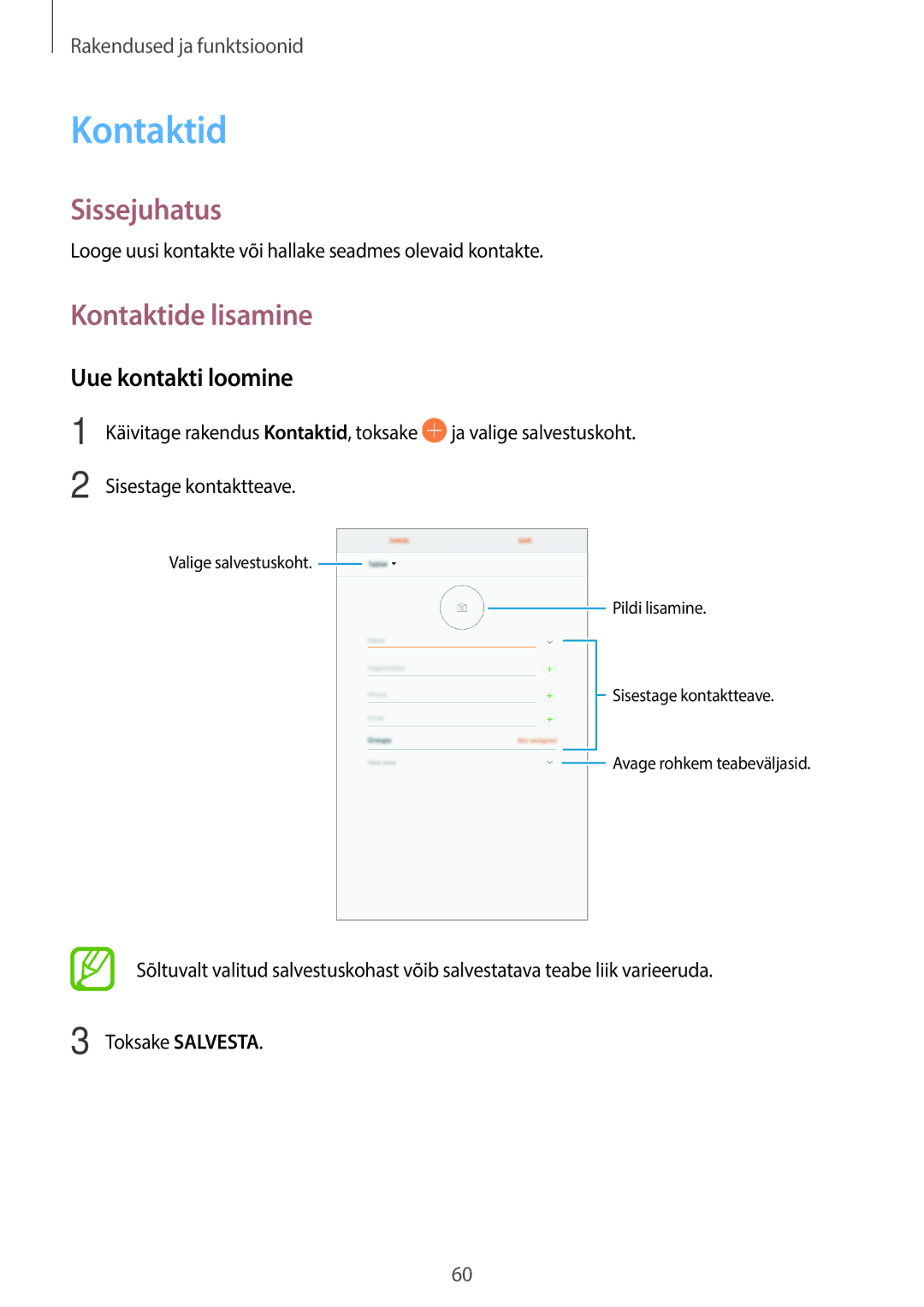 Samsung SM-T395NZKASEB manual Kontaktide lisamine, Uue kontakti loomine 