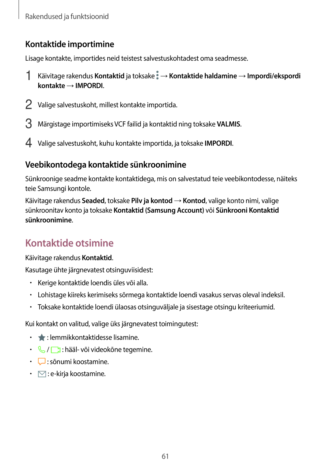 Samsung SM-T395NZKASEB manual Kontaktide otsimine, Kontaktide importimine, Veebikontodega kontaktide sünkroonimine 