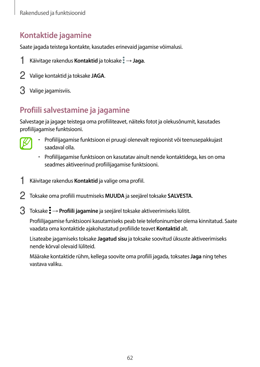 Samsung SM-T395NZKASEB manual Kontaktide jagamine, Profiili salvestamine ja jagamine 