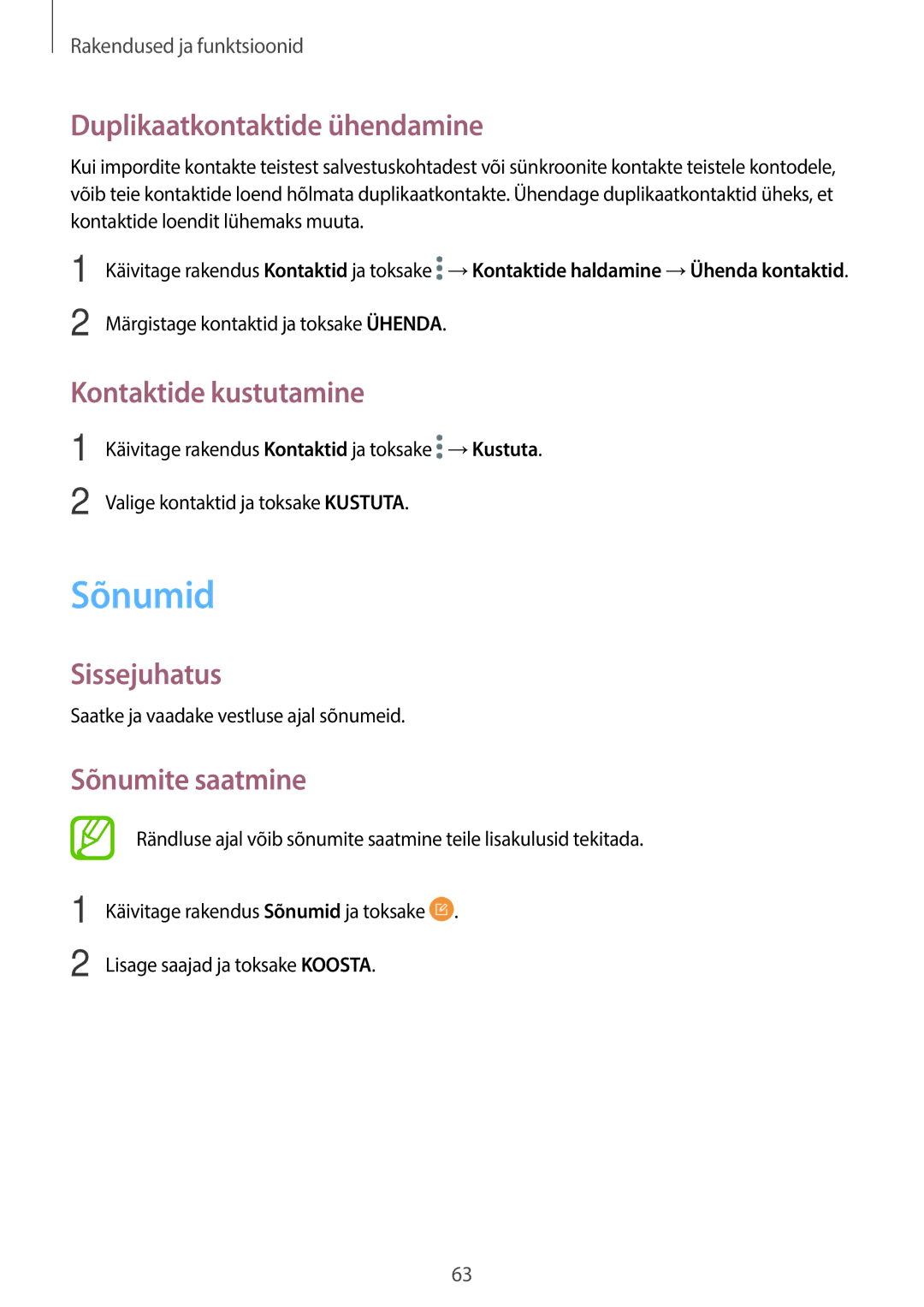 Samsung SM-T395NZKASEB manual Sõnumid, Duplikaatkontaktide ühendamine, Kontaktide kustutamine, Sõnumite saatmine 