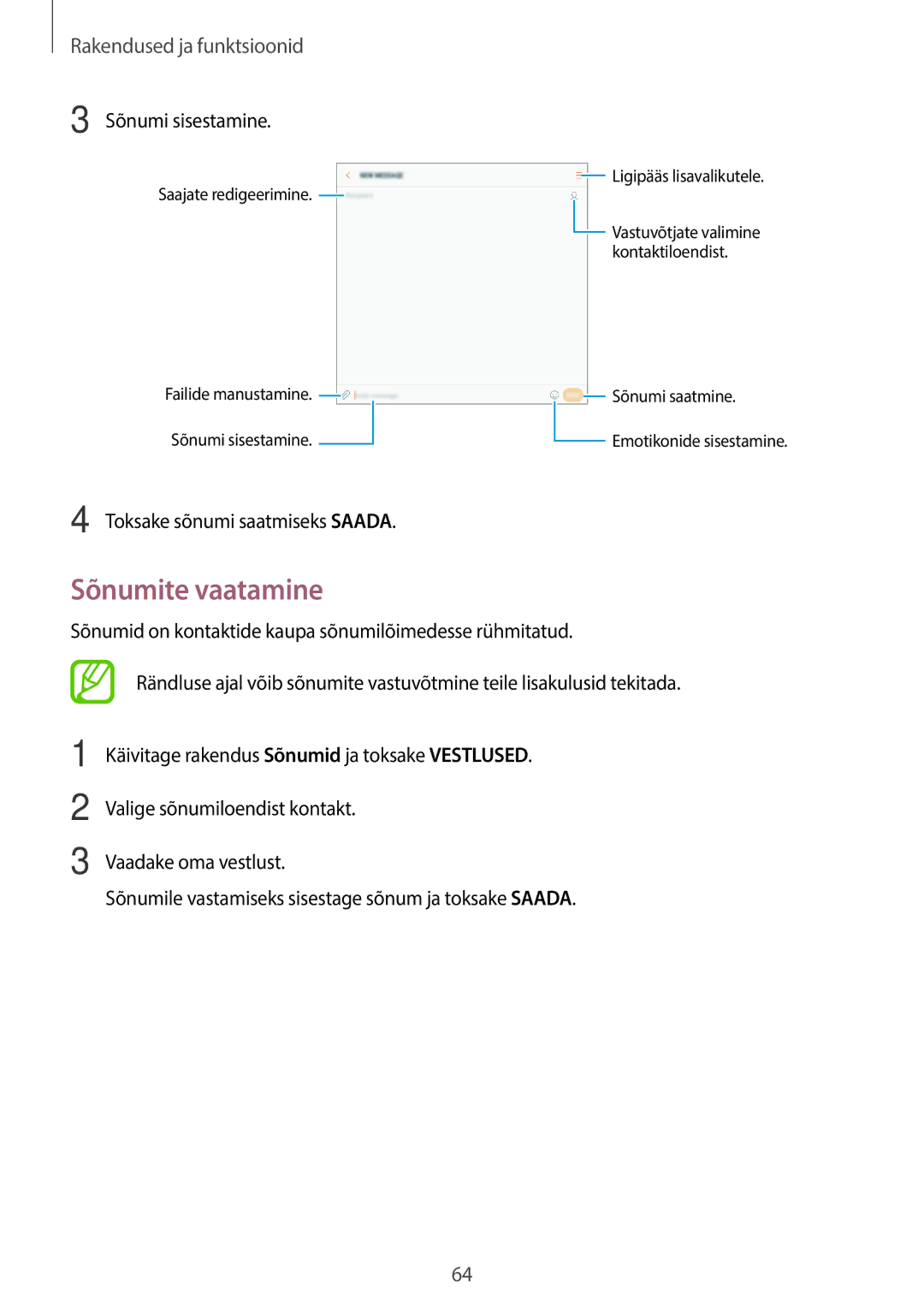 Samsung SM-T395NZKASEB manual Sõnumite vaatamine, Sõnumi sisestamine, Toksake sõnumi saatmiseks Saada 