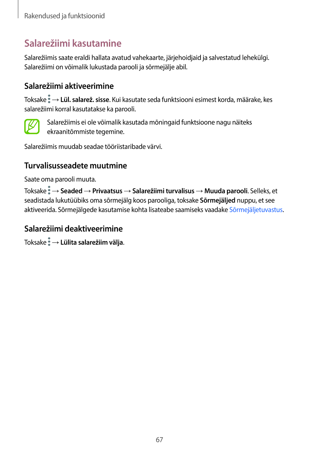 Samsung SM-T395NZKASEB manual Salarežiimi kasutamine, Salarežiimi aktiveerimine, Turvalisusseadete muutmine 