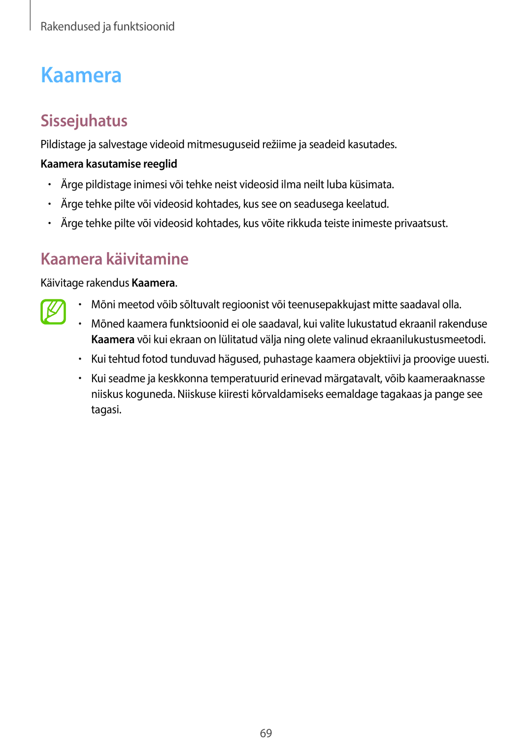 Samsung SM-T395NZKASEB manual Kaamera käivitamine, Kaamera kasutamise reeglid 