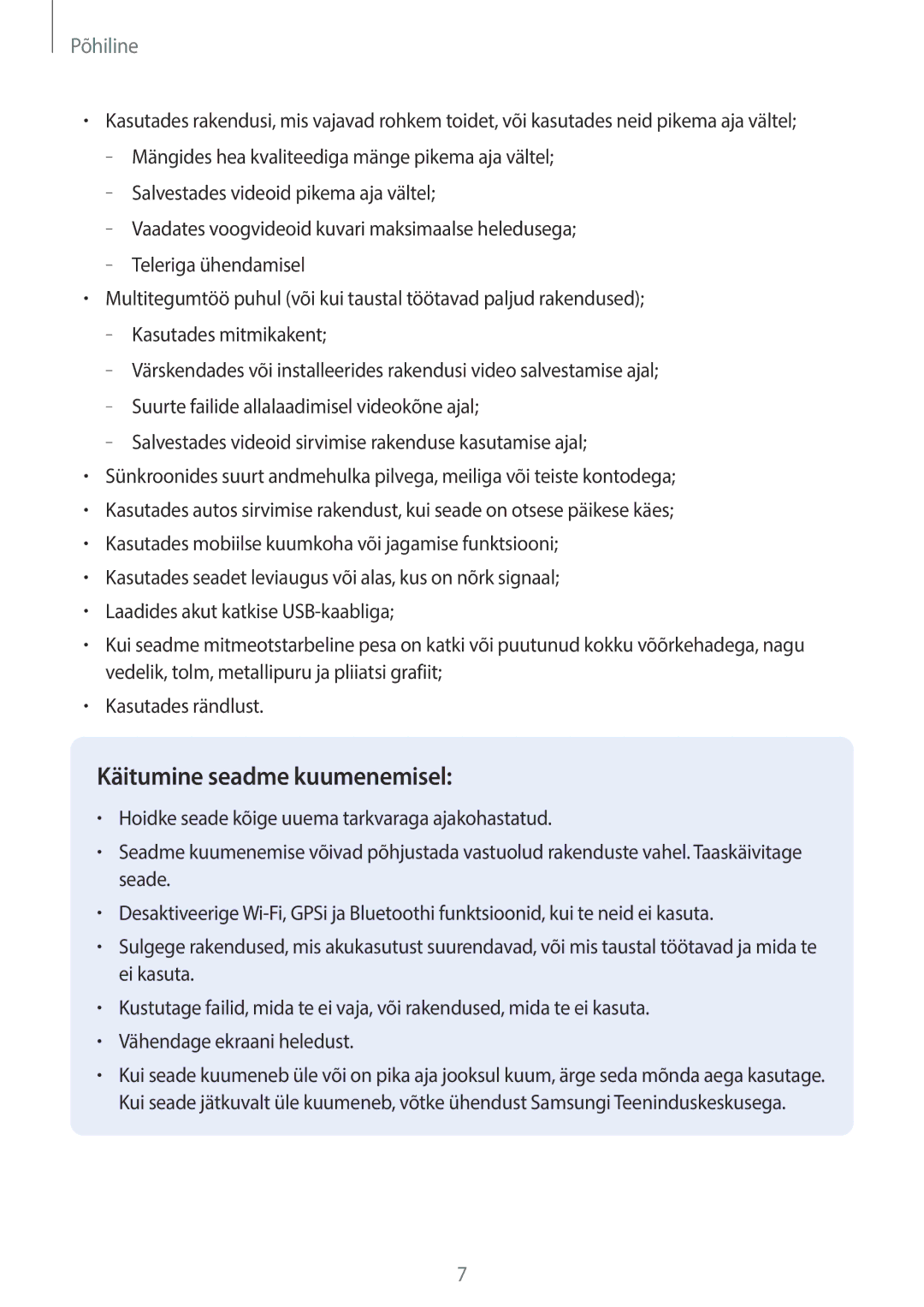 Samsung SM-T395NZKASEB manual Käitumine seadme kuumenemisel 