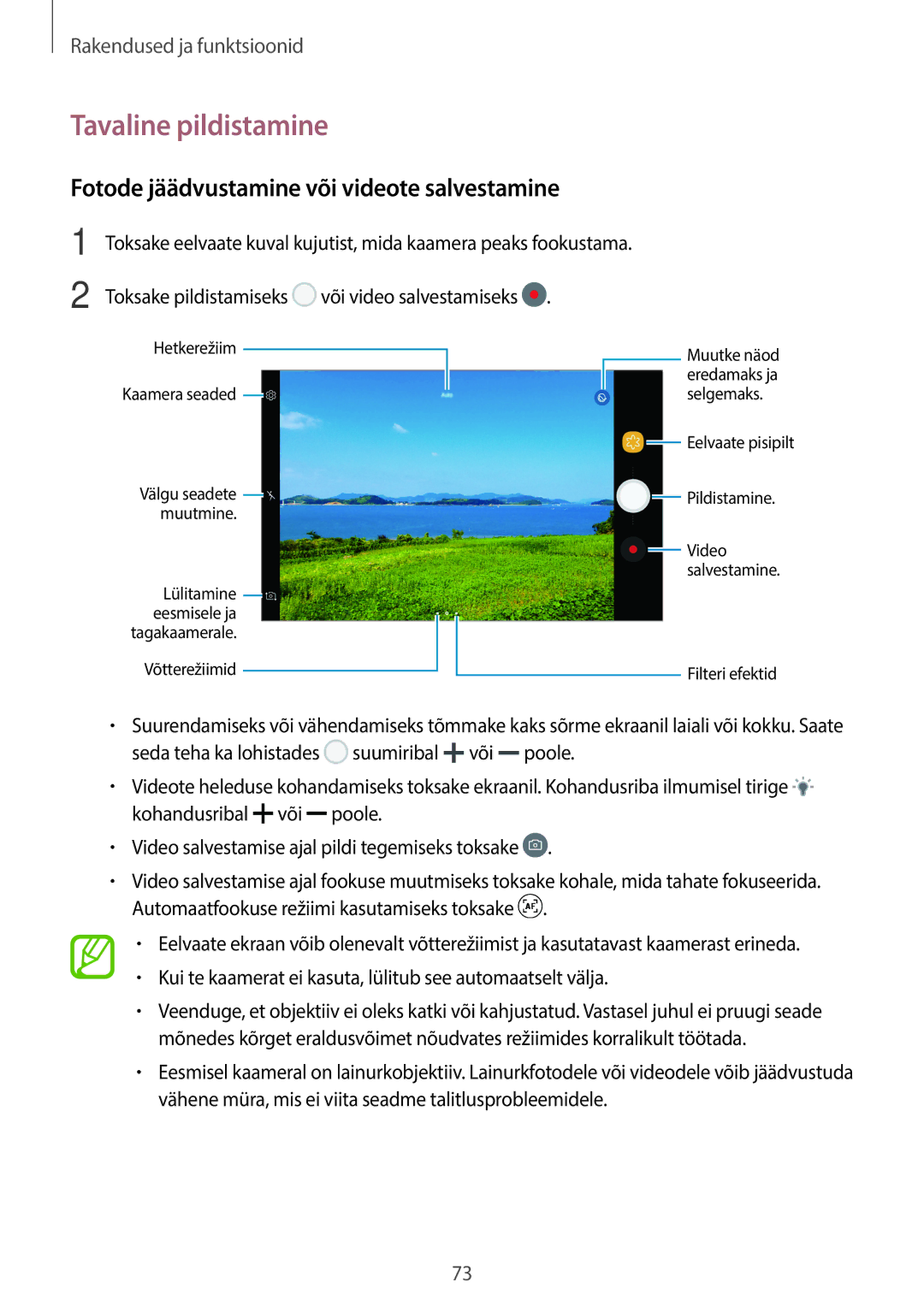 Samsung SM-T395NZKASEB manual Tavaline pildistamine, Fotode jäädvustamine või videote salvestamine 