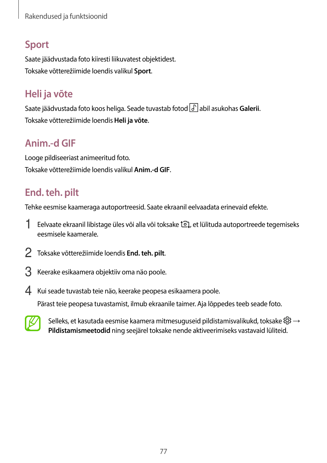 Samsung SM-T395NZKASEB manual Sport, Heli ja võte, Anim.-d GIF, End. teh. pilt 