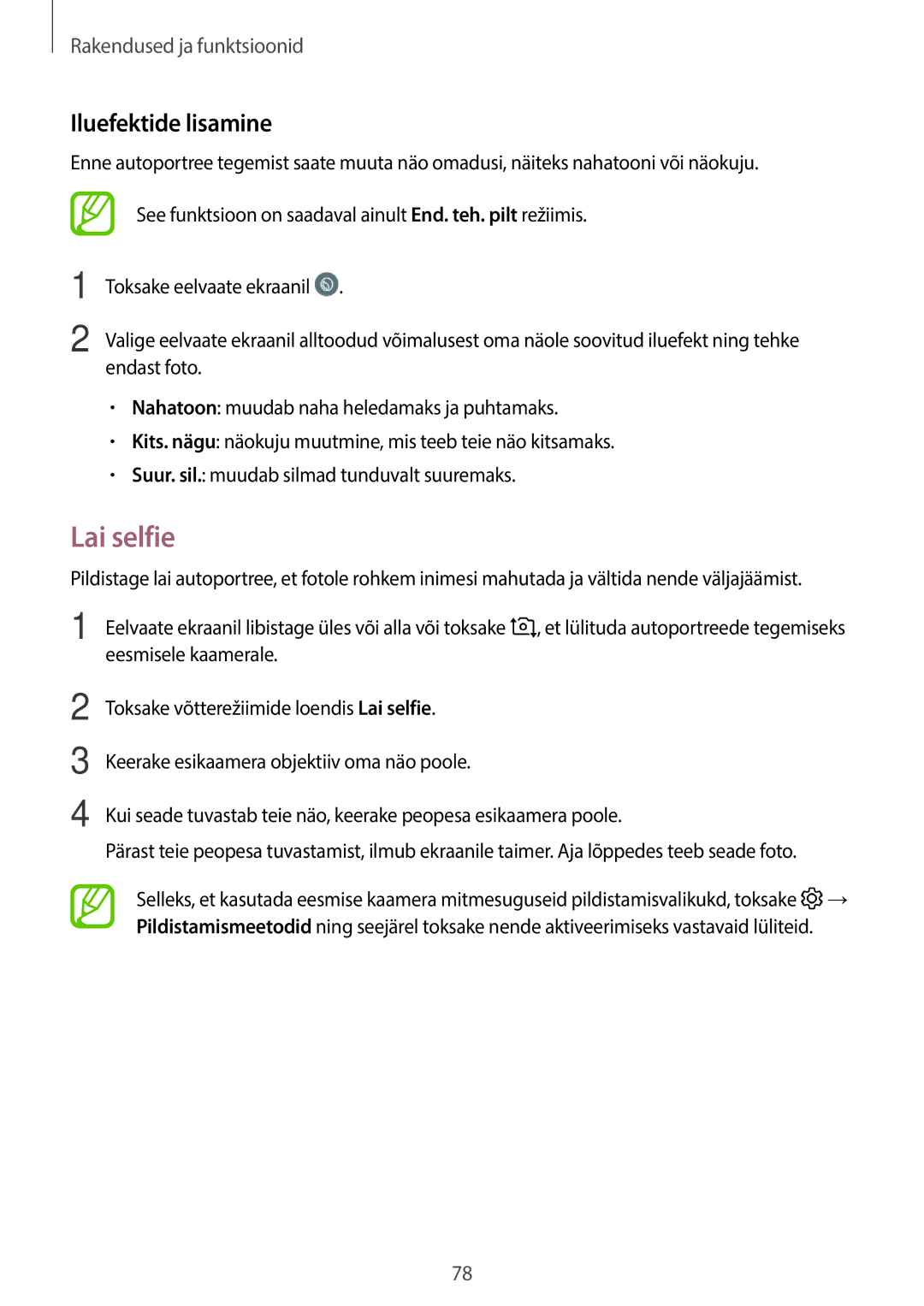 Samsung SM-T395NZKASEB manual Lai selfie, Iluefektide lisamine 