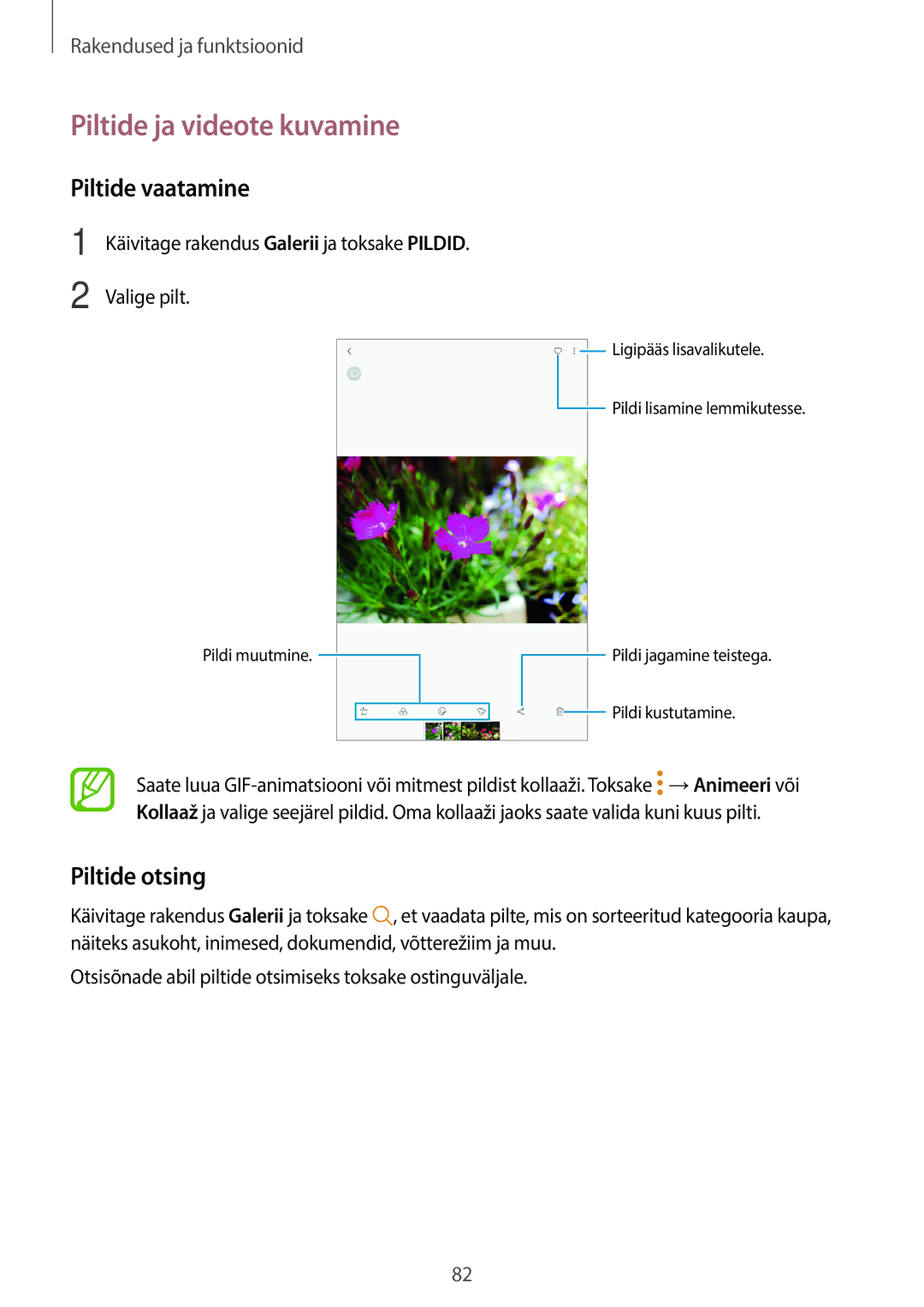 Samsung SM-T395NZKASEB manual Piltide ja videote kuvamine, Piltide vaatamine, Piltide otsing, Valige pilt 