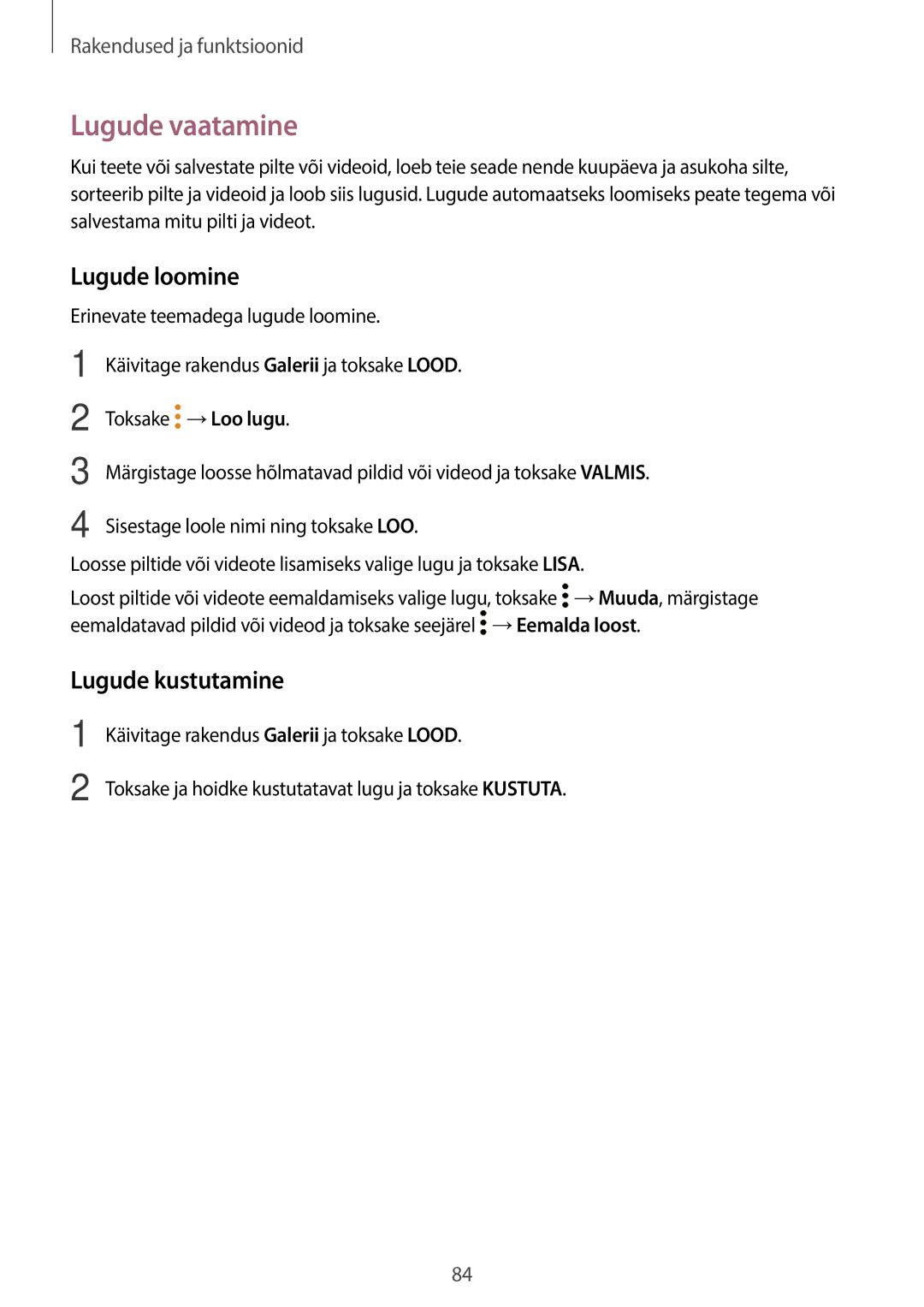 Samsung SM-T395NZKASEB manual Lugude vaatamine, Lugude loomine, Lugude kustutamine 