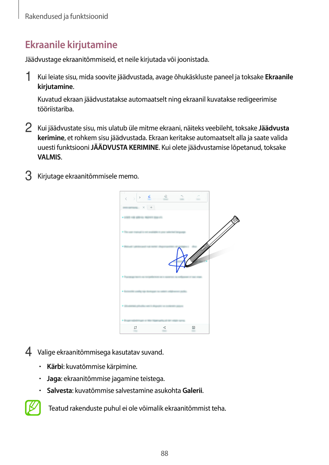 Samsung SM-T395NZKASEB manual Ekraanile kirjutamine 