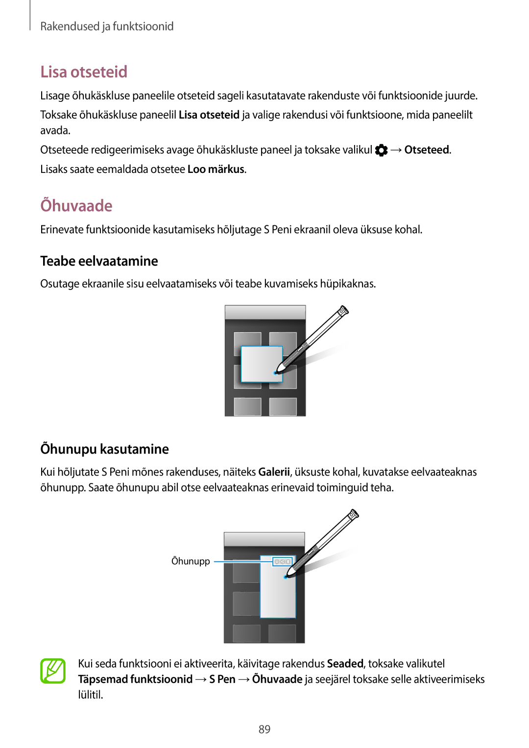 Samsung SM-T395NZKASEB manual Lisa otseteid, Õhuvaade, Teabe eelvaatamine, Õhunupu kasutamine 