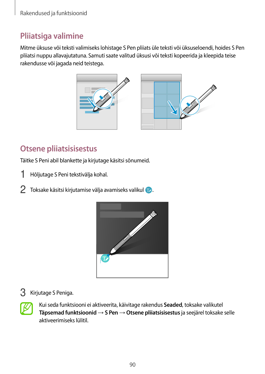 Samsung SM-T395NZKASEB manual Pliiatsiga valimine, Otsene pliiatsisisestus 