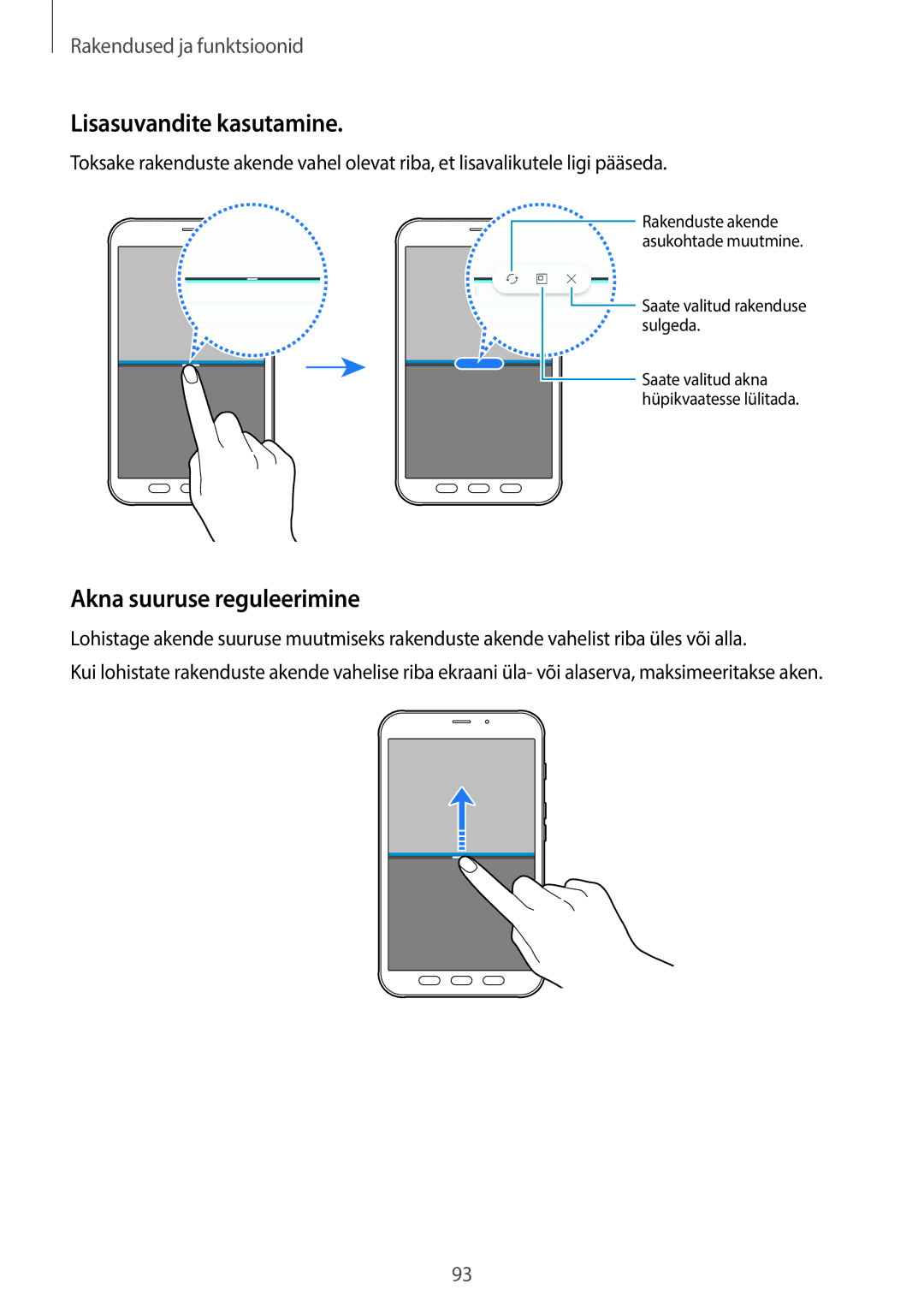 Samsung SM-T395NZKASEB manual Lisasuvandite kasutamine, Akna suuruse reguleerimine 