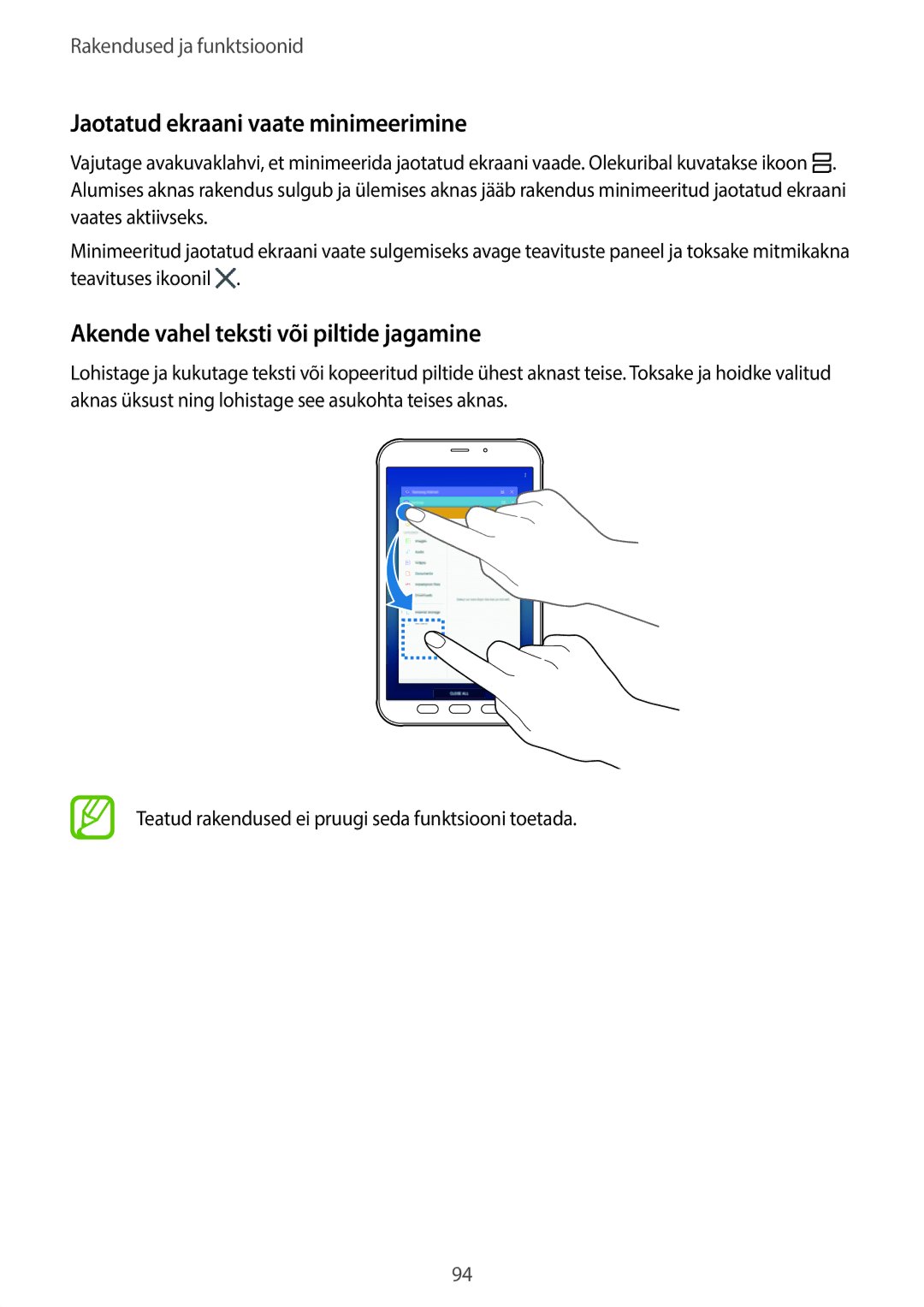 Samsung SM-T395NZKASEB manual Jaotatud ekraani vaate minimeerimine, Akende vahel teksti või piltide jagamine 