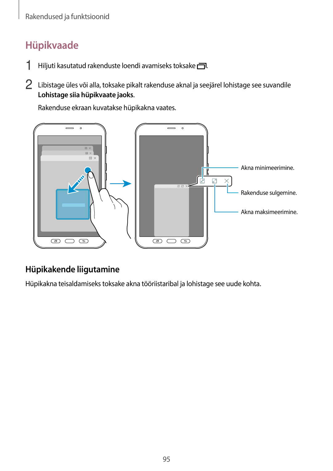 Samsung SM-T395NZKASEB manual Hüpikvaade, Hüpikakende liigutamine, Hiljuti kasutatud rakenduste loendi avamiseks toksake 