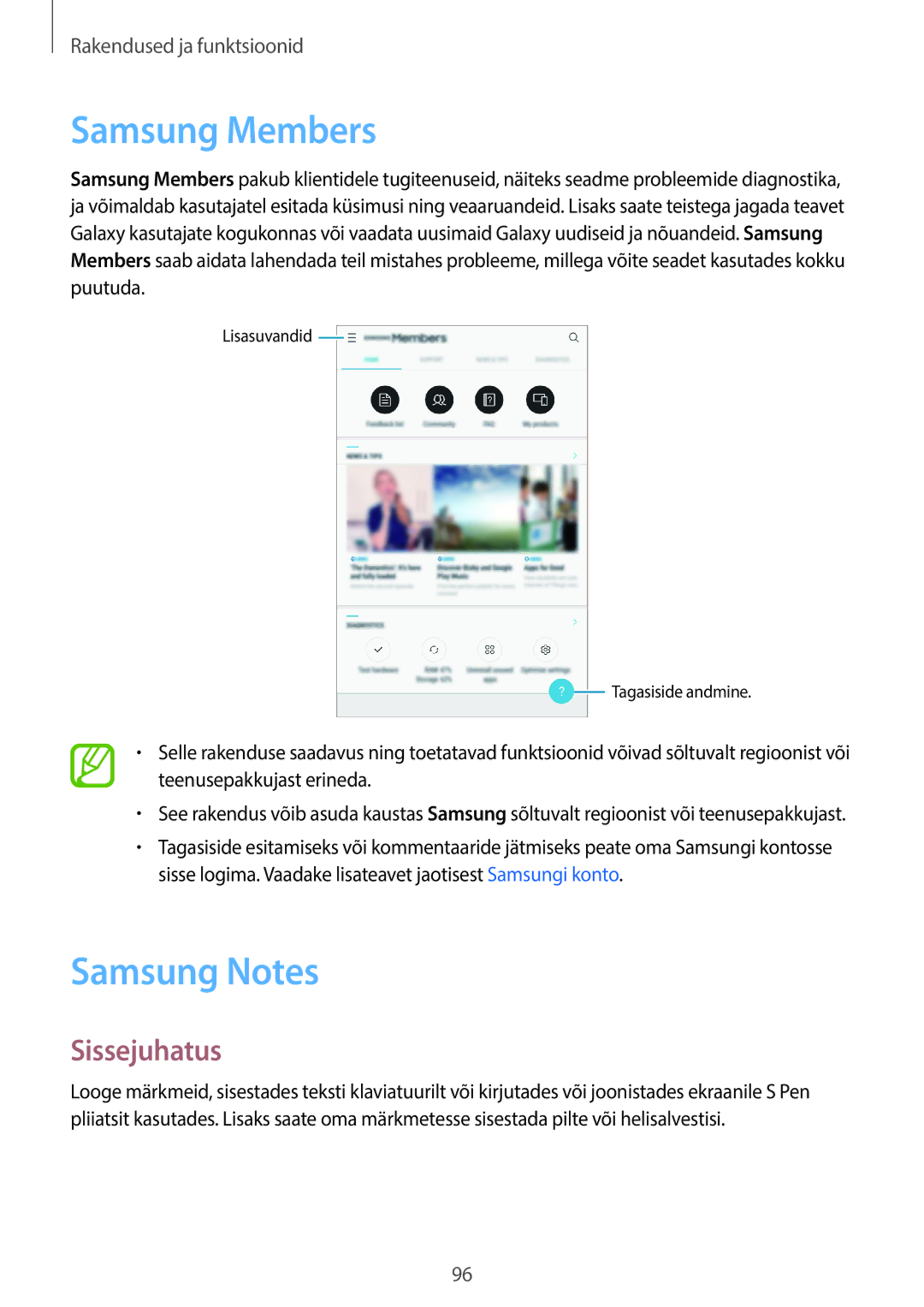 Samsung SM-T395NZKASEB manual Samsung Members, Samsung Notes 