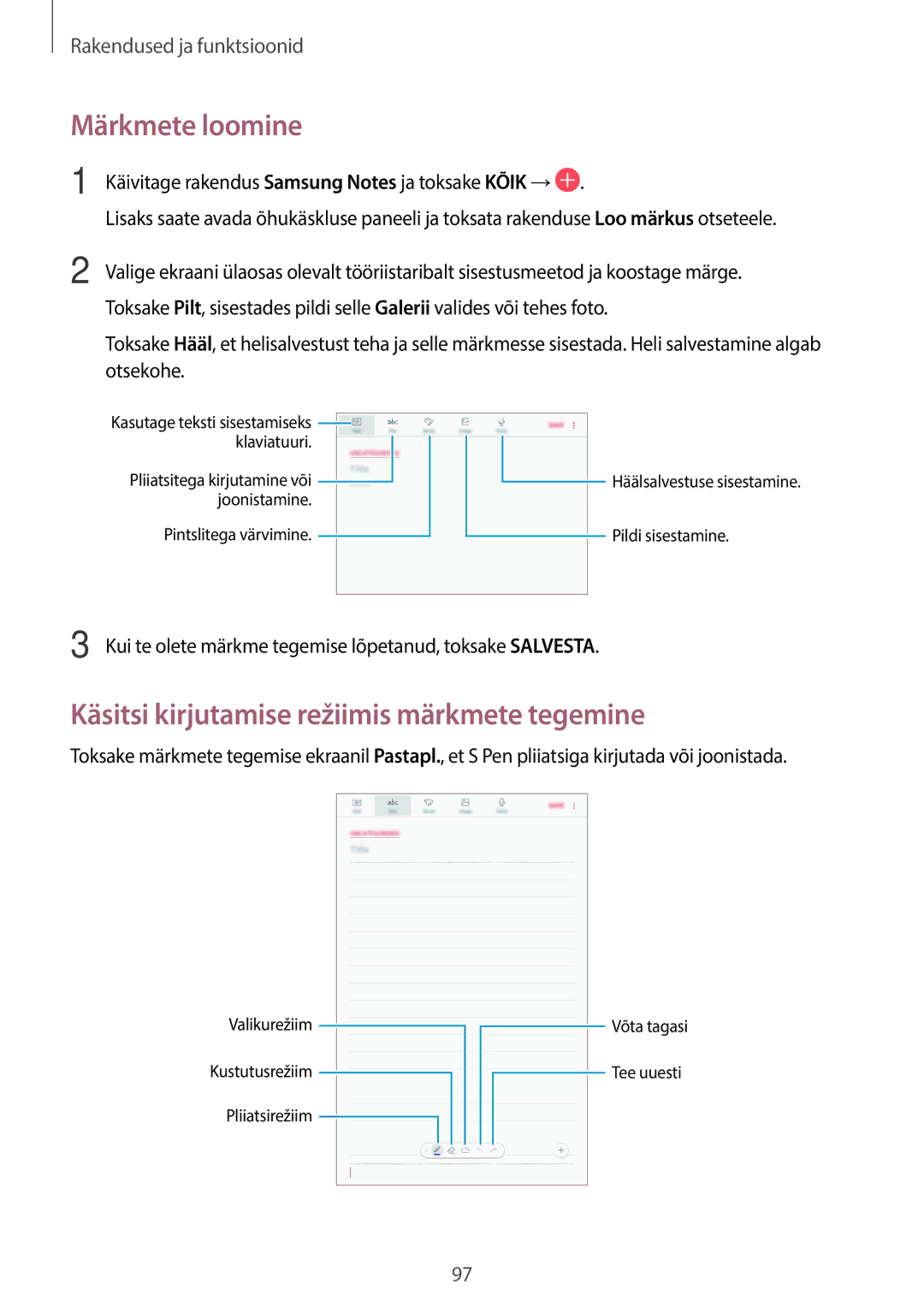 Samsung SM-T395NZKASEB manual Märkmete loomine, Käsitsi kirjutamise režiimis märkmete tegemine 