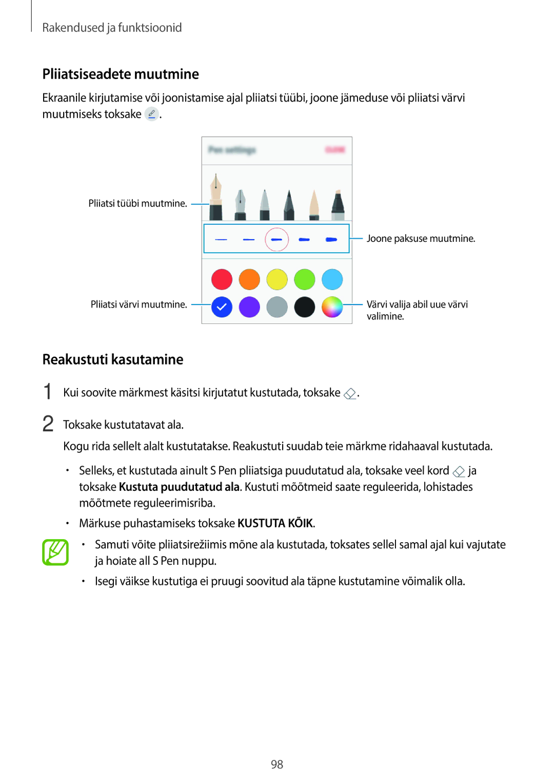 Samsung SM-T395NZKASEB manual Pliiatsiseadete muutmine, Reakustuti kasutamine 