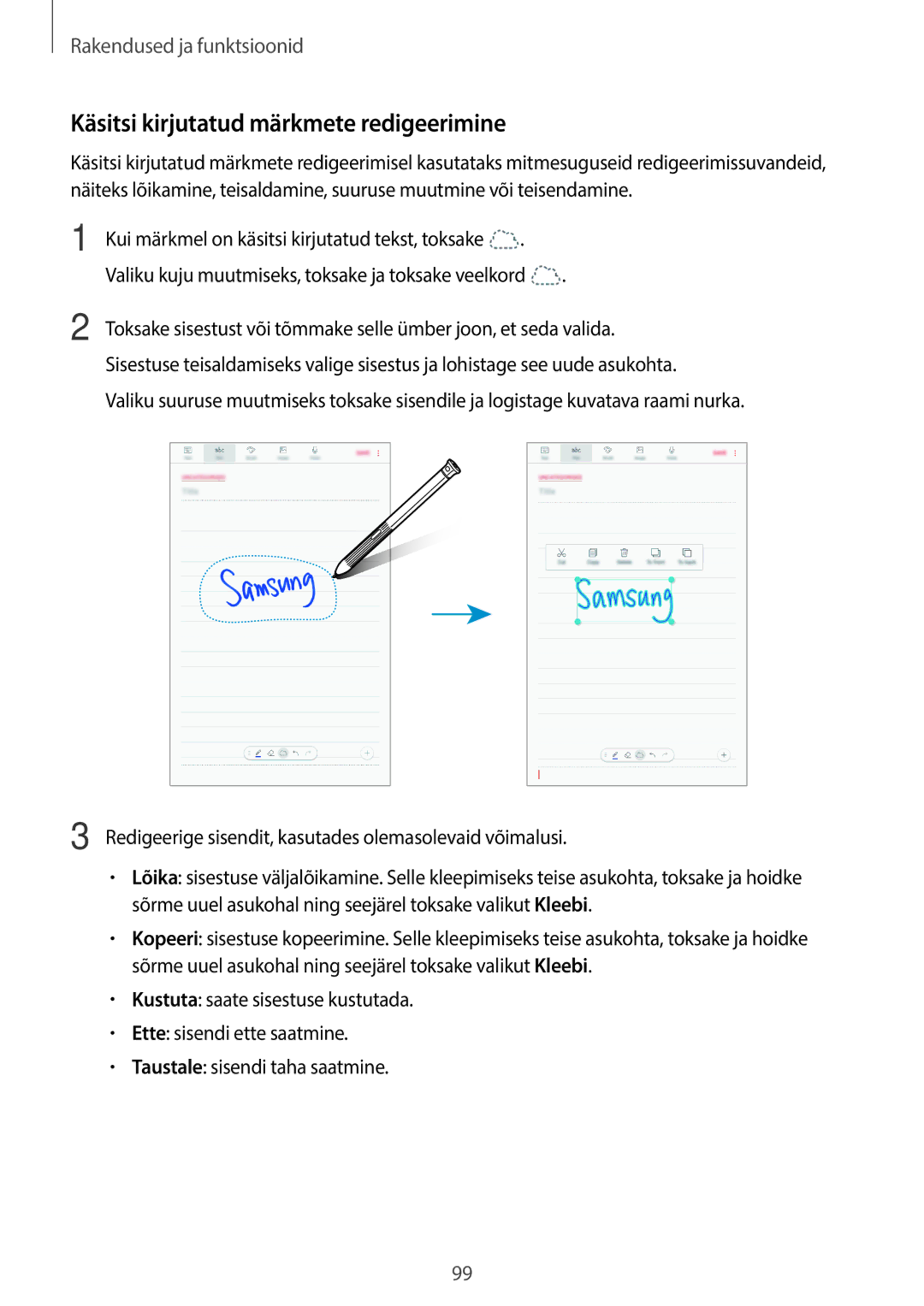 Samsung SM-T395NZKASEB manual Käsitsi kirjutatud märkmete redigeerimine 