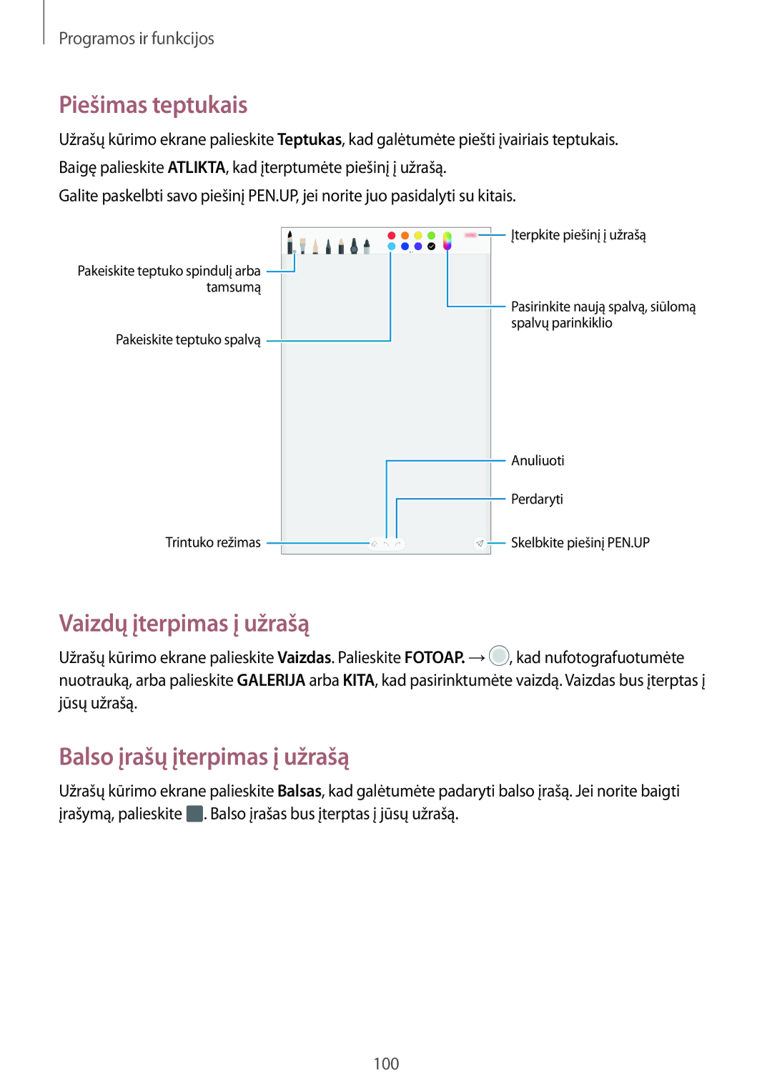 Samsung SM-T395NZKASEB manual Piešimas teptukais, Vaizdų įterpimas į užrašą, Balso įrašų įterpimas į užrašą 