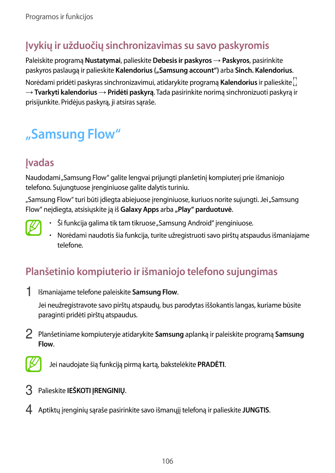 Samsung SM-T395NZKASEB „Samsung Flow, Įvykių ir užduočių sinchronizavimas su savo paskyromis, Palieskite Ieškoti Įrenginių 