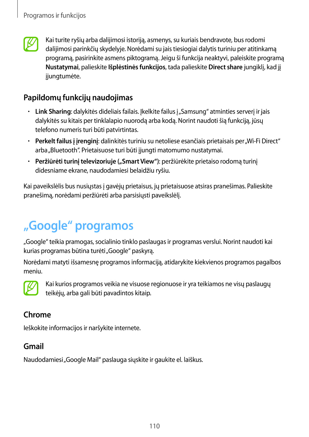 Samsung SM-T395NZKASEB manual „Google programos, Papildomų funkcijų naudojimas, Chrome, Gmail 