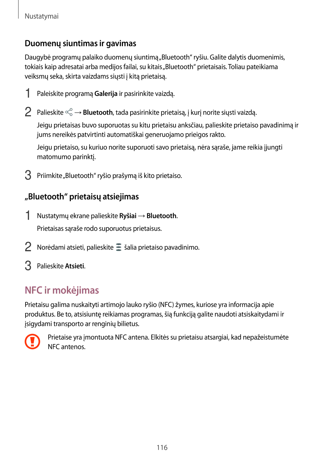 Samsung SM-T395NZKASEB manual NFC ir mokėjimas, Duomenų siuntimas ir gavimas, „Bluetooth prietaisų atsiejimas 
