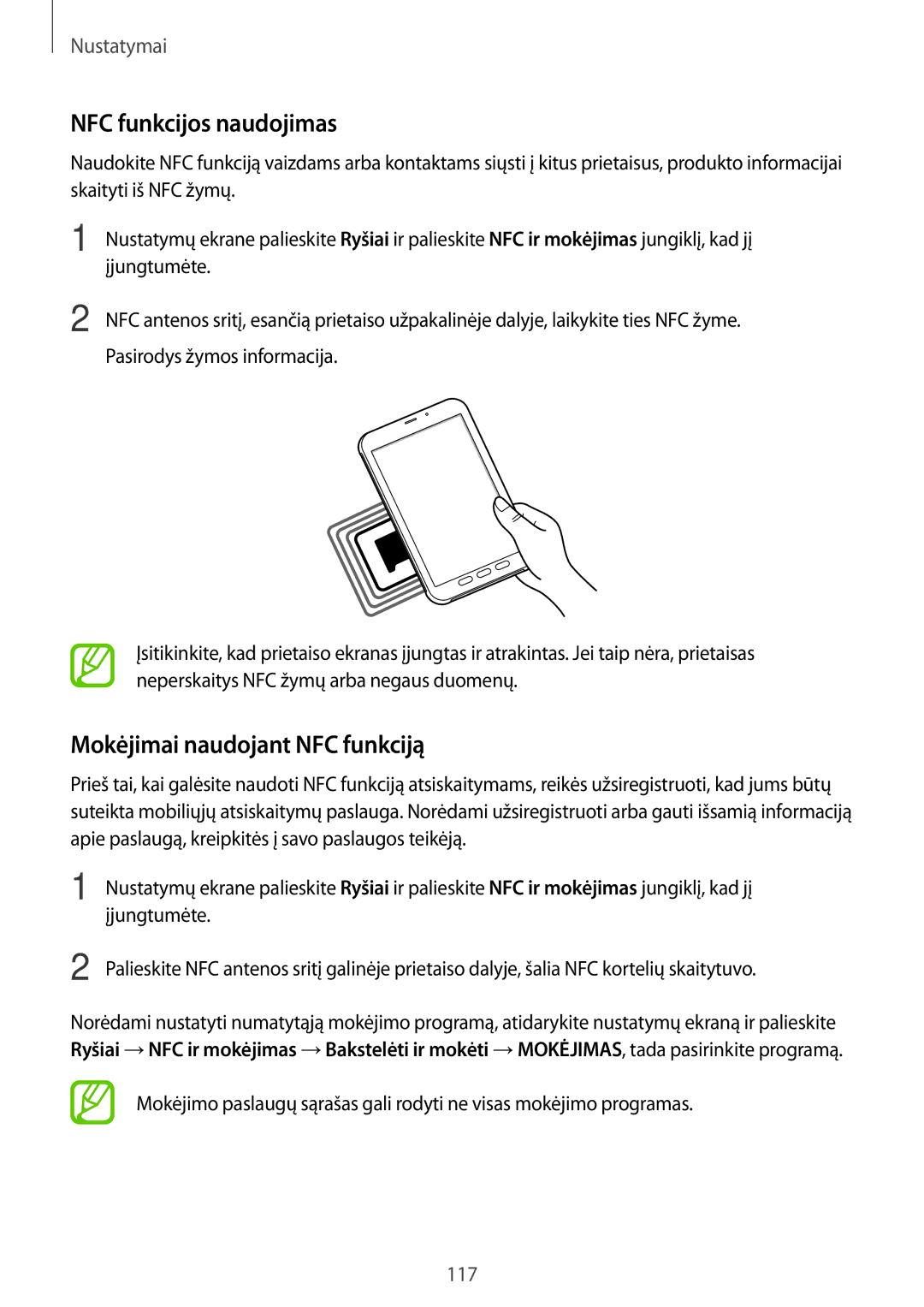 Samsung SM-T395NZKASEB manual NFC funkcijos naudojimas, Mokėjimai naudojant NFC funkciją 