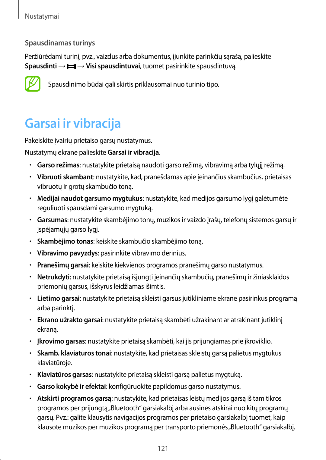 Samsung SM-T395NZKASEB manual Garsai ir vibracija, Spausdinamas turinys 