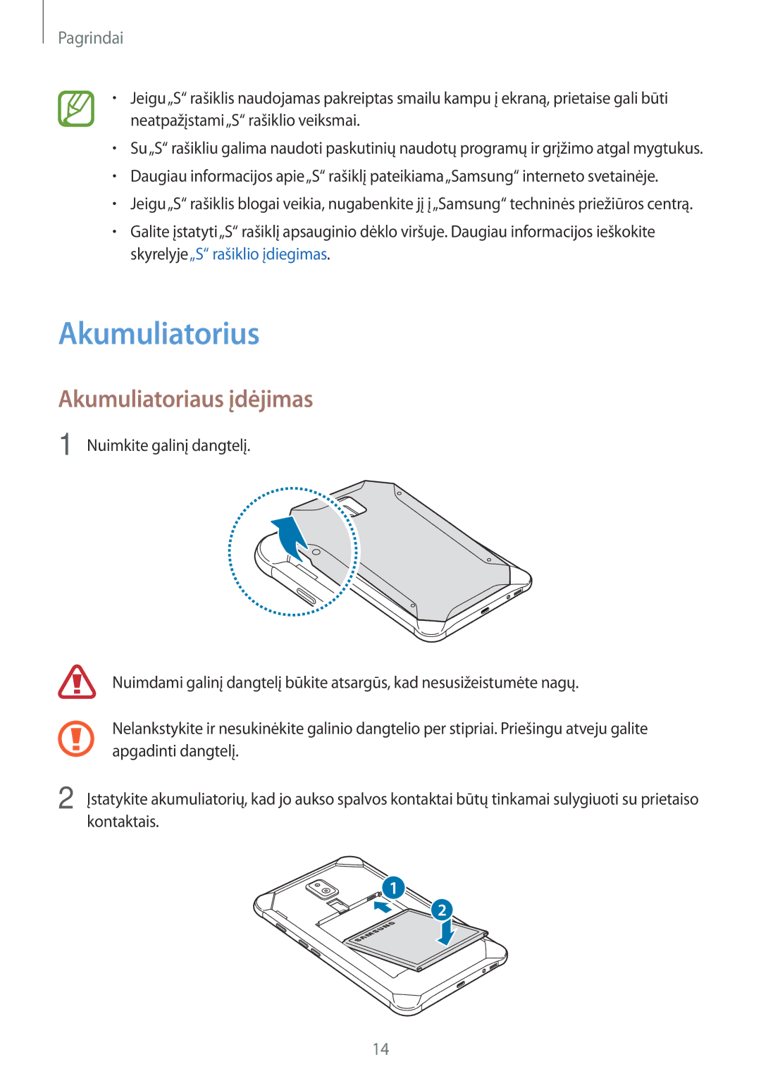 Samsung SM-T395NZKASEB manual Akumuliatorius, Akumuliatoriaus įdėjimas 